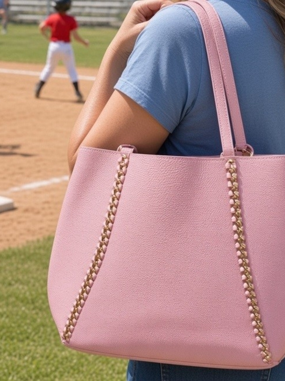 Badgley Mischka Classic Pink Tote Bag with Chain Accent
